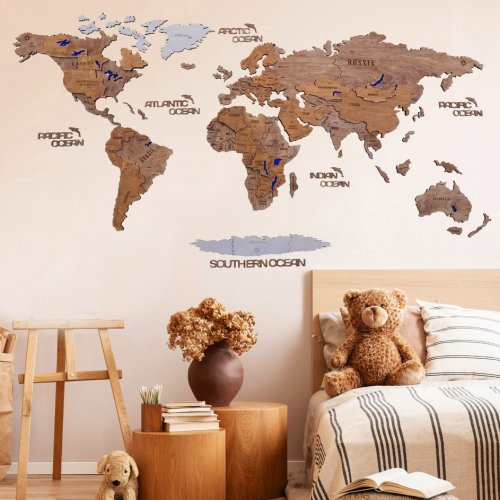 3D Dřevěná Mapa Světa – Ořech - Velikost: (L)150 X 80 cm