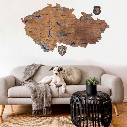 2D Dřevěná mapa České republiky s jezery a horami - Ořech